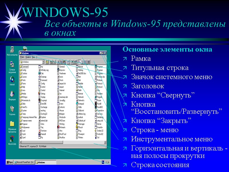 WINDOWS-95 Все объекты в Windows-95 представлены в окнах Основные элементы окна WINDOWS-95 Все объекты в Windows-95 представлены в окнах Основные элементы окна